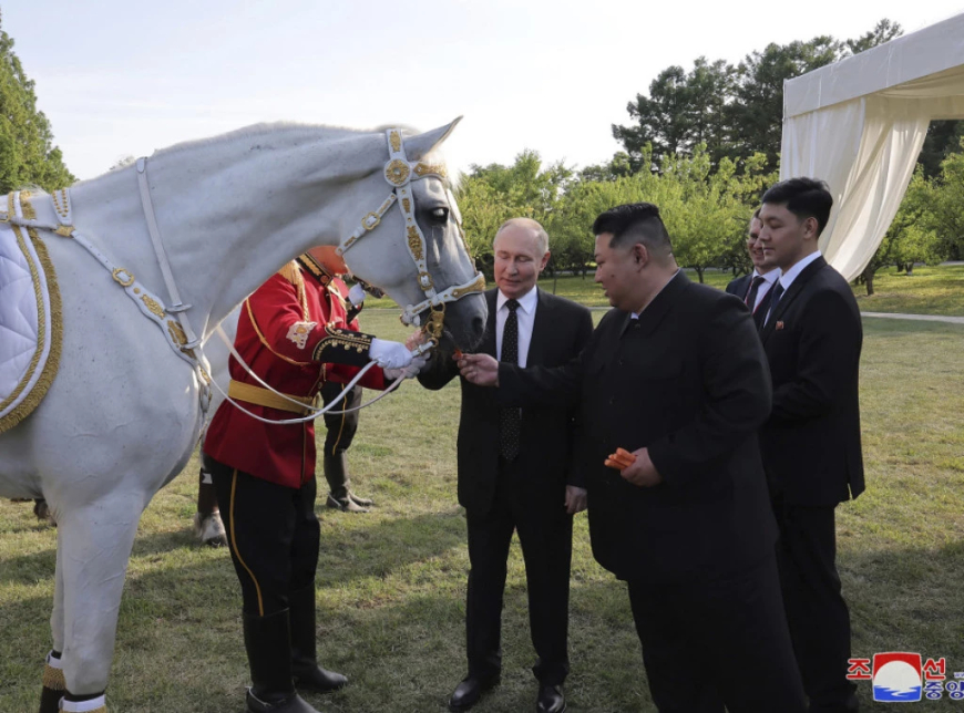 Vladimir Putin dhe Kim Jong Un ushqejnë kuajt e bardhë